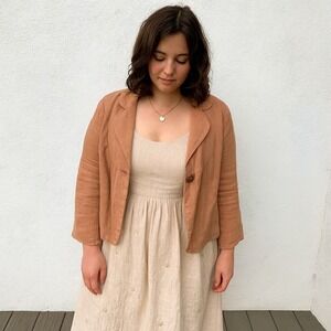 Anthropologie Elevenses‎ Linen Jacket Womens 10 Tan 3/4 Sleeve Button Front Boho